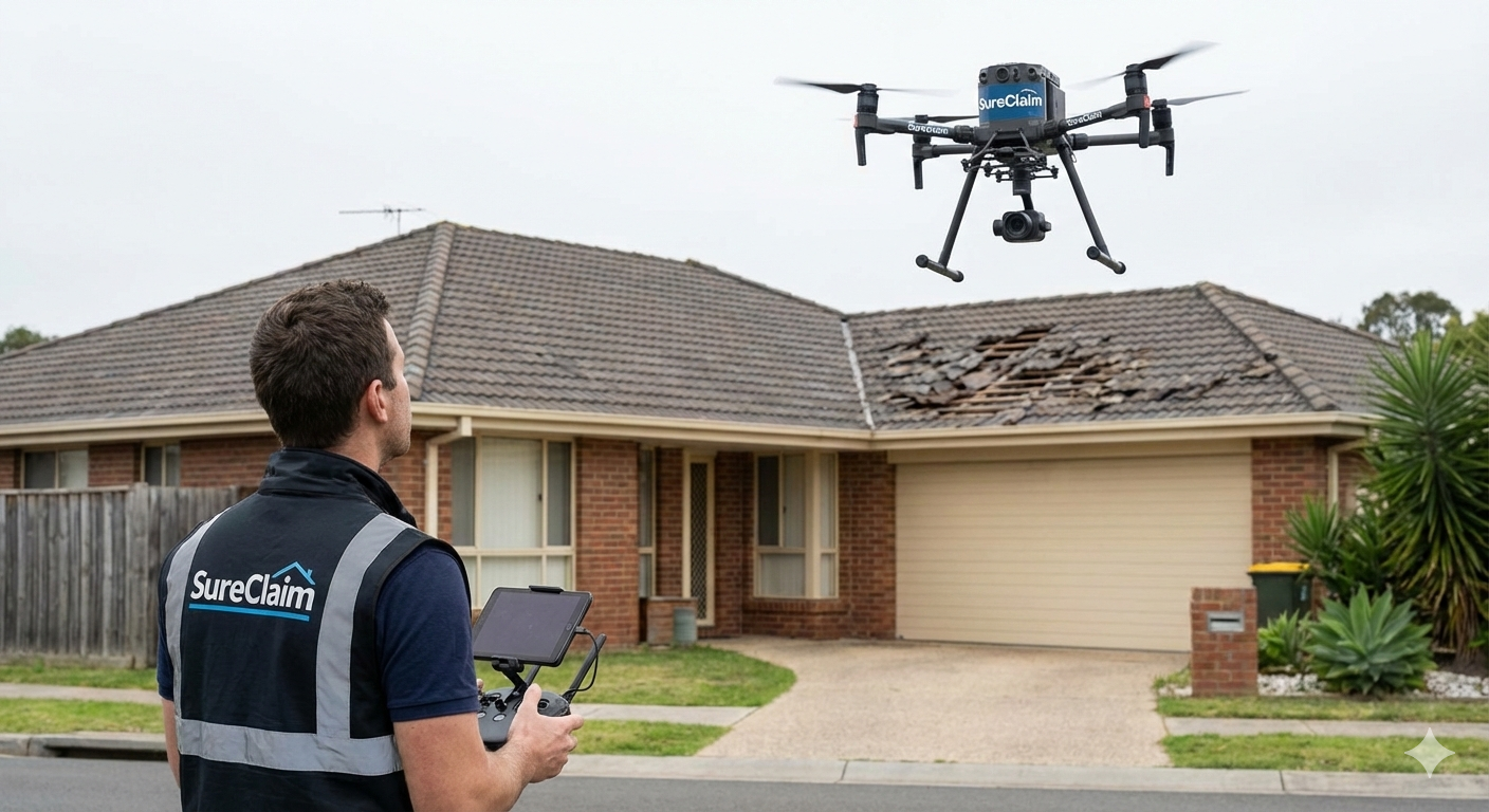 SureClaim Drone Operator piloting an inspection drone near a residential home